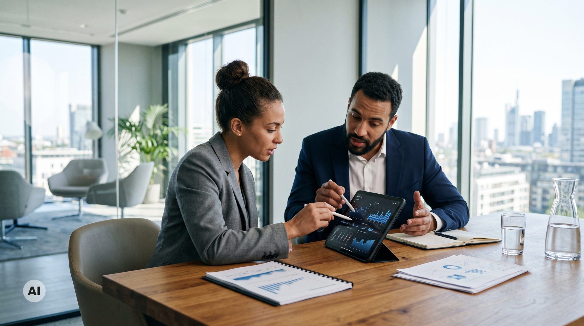 Unternehmer und Steuerberater besprechen GmbH-Steuergestaltung und Holdingstruktur (KI-generiert)