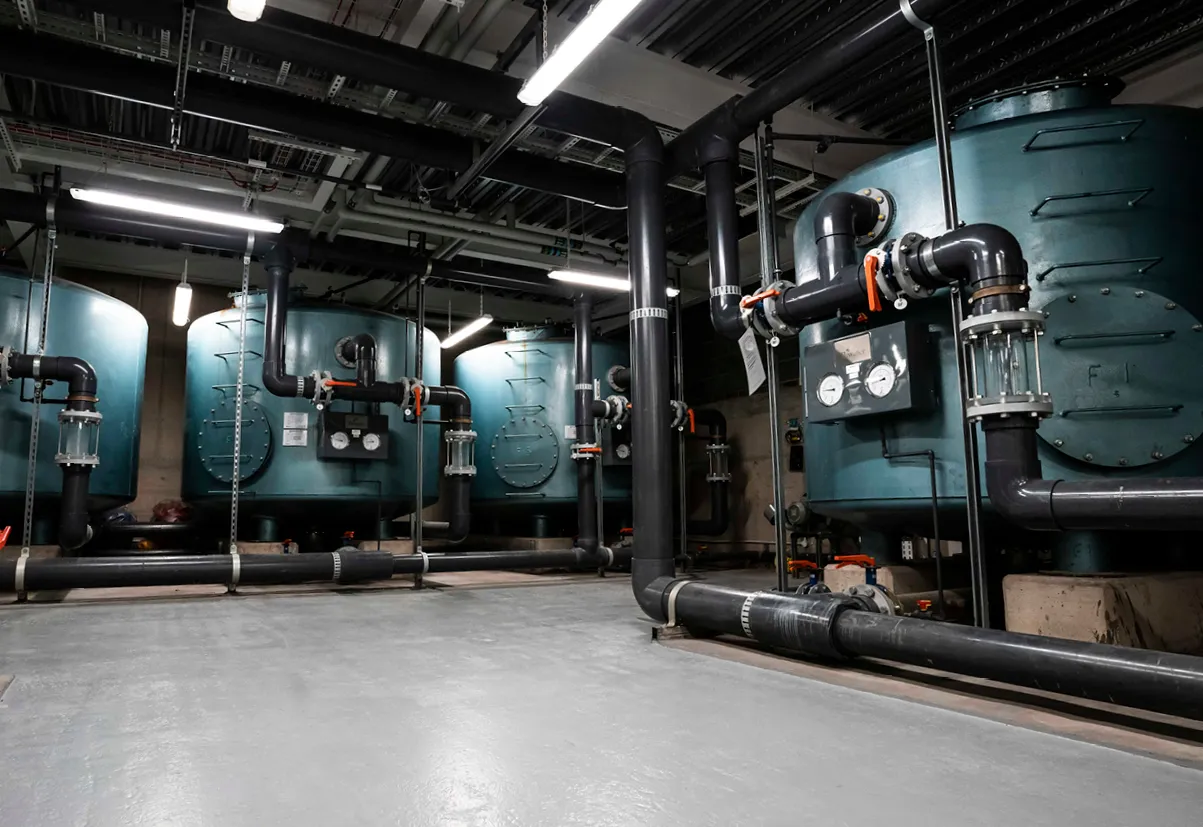 Swimming pool plantroom equipment at a school.