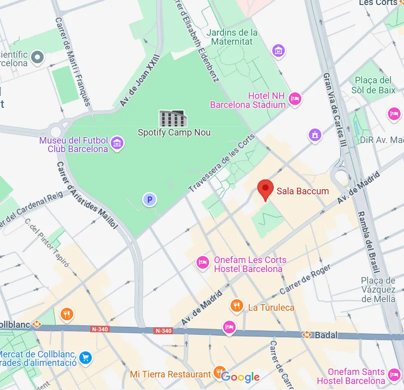 Mapa de la ubicación de Sala Baccum cerca del Camp Nou
