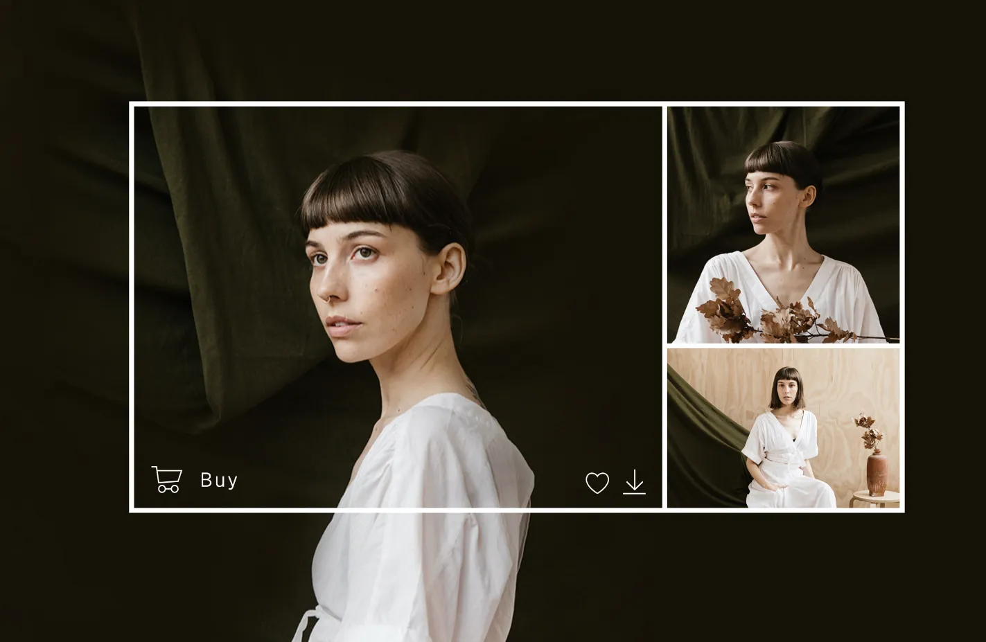A collage of three portraits inside the Pic-Time gallery platform, showcasing a woman in a white dress. She holds dried leaves in one image, sits beside a vase in another, with dark draped fabric and natural wood tones as backgrounds.