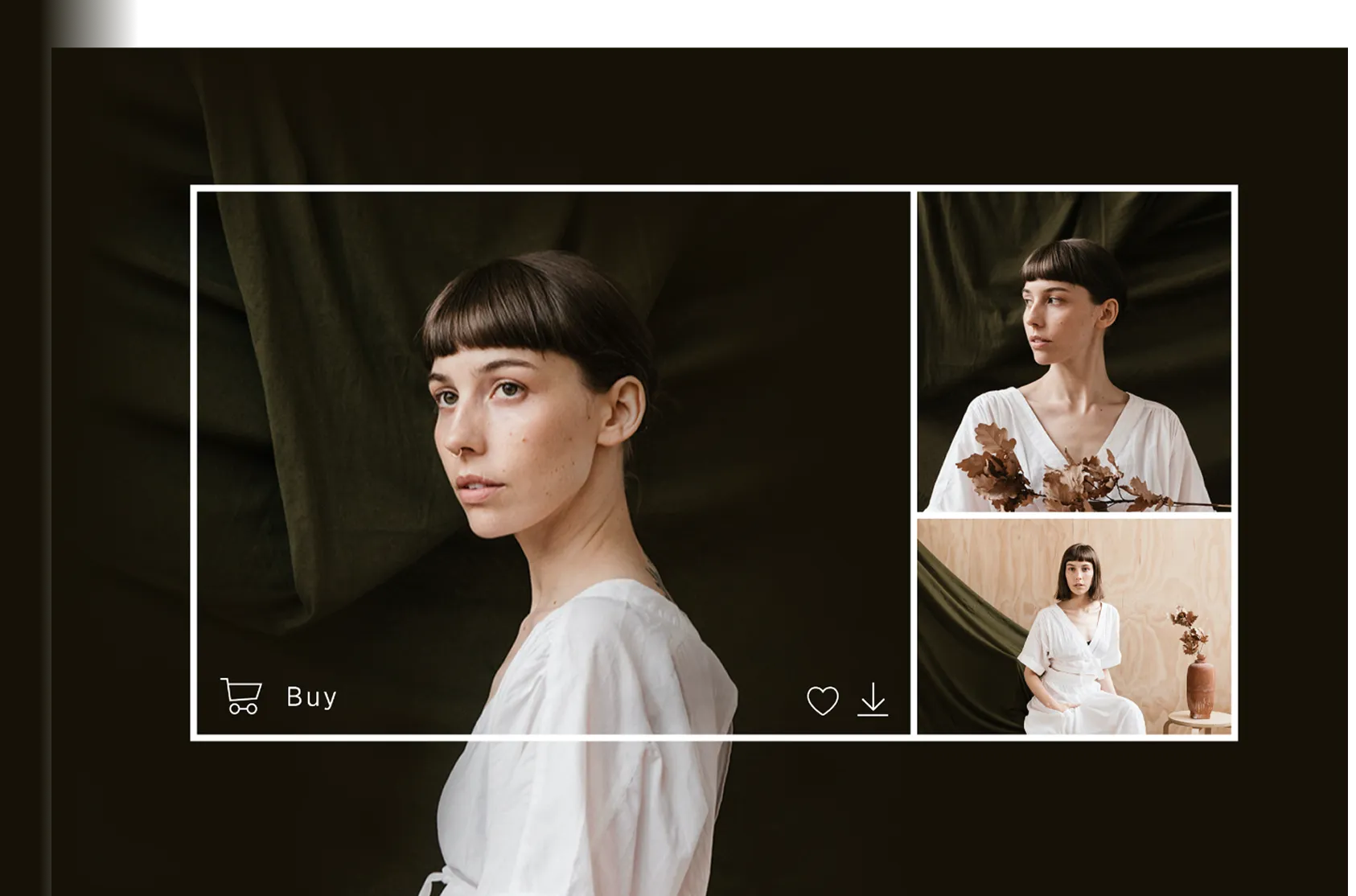 A collage of three portraits inside the Pic-Time gallery platform, showcasing a woman in a white dress. She holds dried leaves in one image, sits beside a vase in another, with dark draped fabric and natural wood tones as backgrounds.