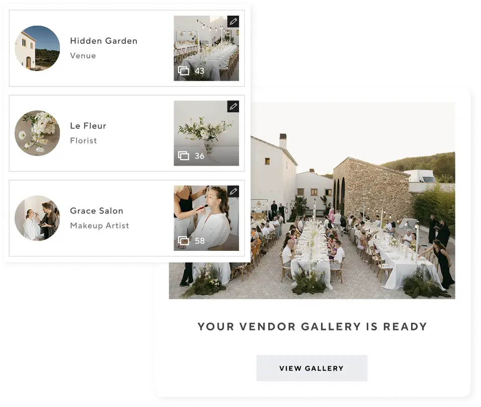 Screenshot of a vendor network interface from Pic-Time platform. Features three vendor listings: Hidden Garden Venue with 43 photos, Le Fleur Florist with 36 photos, and Grace Salon Makeup Artist with 58 photos. Each listing includes a profile thumbnail and a preview image. Below, a large outdoor wedding reception photo showcases the venue's setup, with text 'YOUR VENDOR GALLERY IS READY' and a 'VIEW GALLERY' button