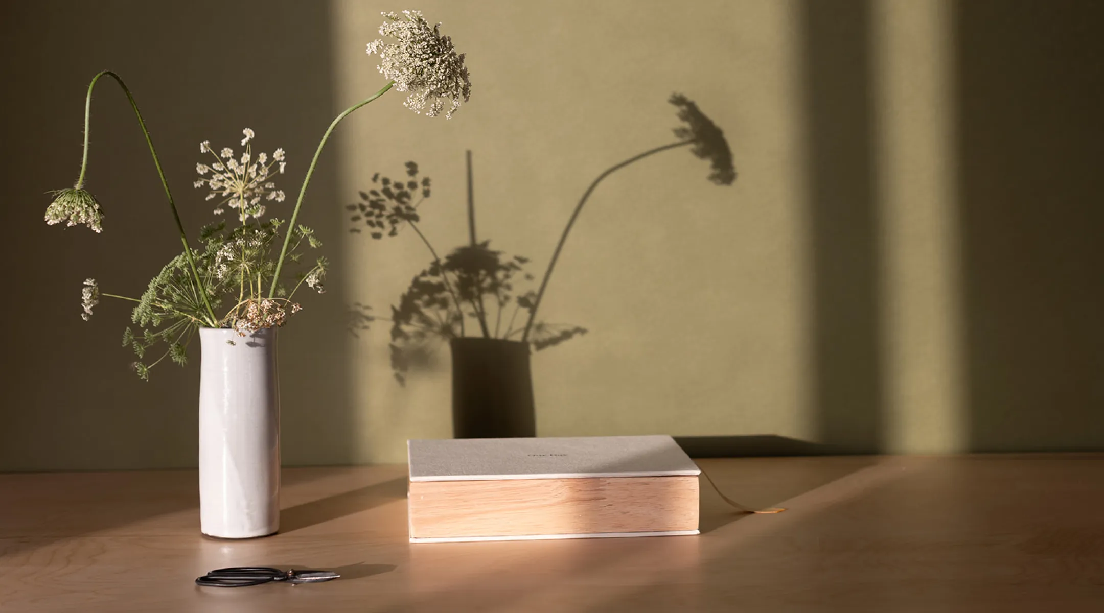 White vase with delicate white flowers, closed book, and scissors on wooden table with shadows.