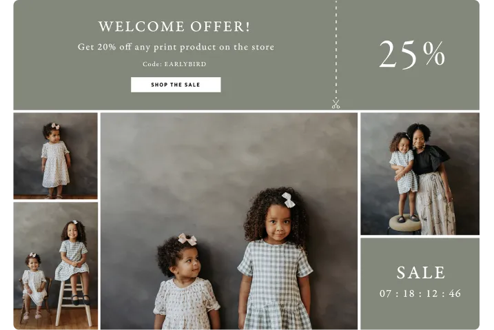 Children's clothing sale promo, 20% off with code EARLYBIRD, features kids in stylish outfits.