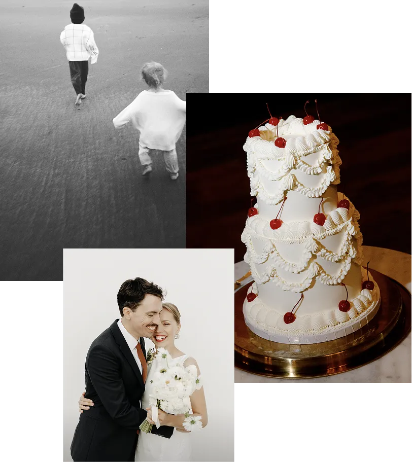 Photo collage: kids walking barefoot on sand, a wedding couple hugging, and a white cake with cherries.