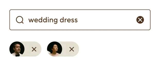 Search bar with the query 'wedding dress' and two profile picture filters with close icons.