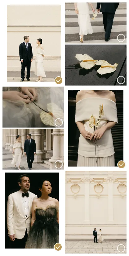 Collage of wedding photos showing bride and groom in elegant attire in various poses and flowers.