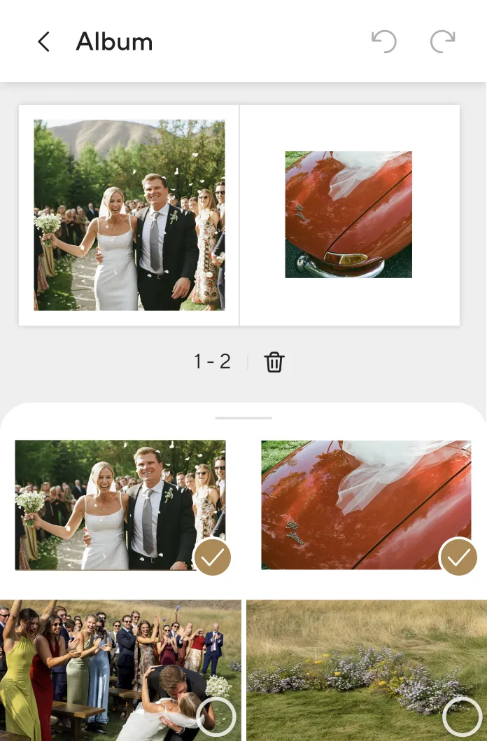 Wedding album screen with photos of a bride and groom, red vintage car, guests, and outdoor floral decor.