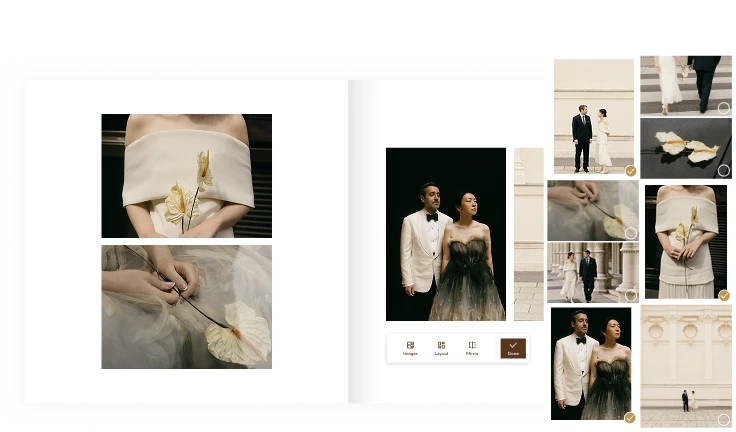A digital photo book editor showing wedding photos of a couple in formal attire with design and layout options.