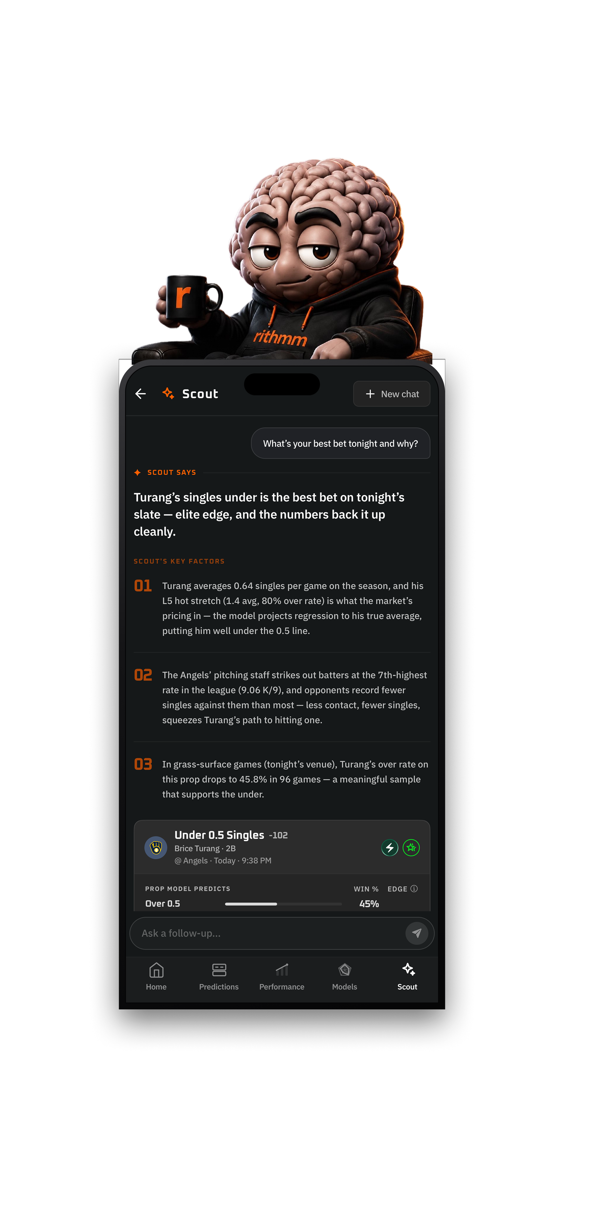 Scout, Rithmm's AI betting buddy, with the app on his phone