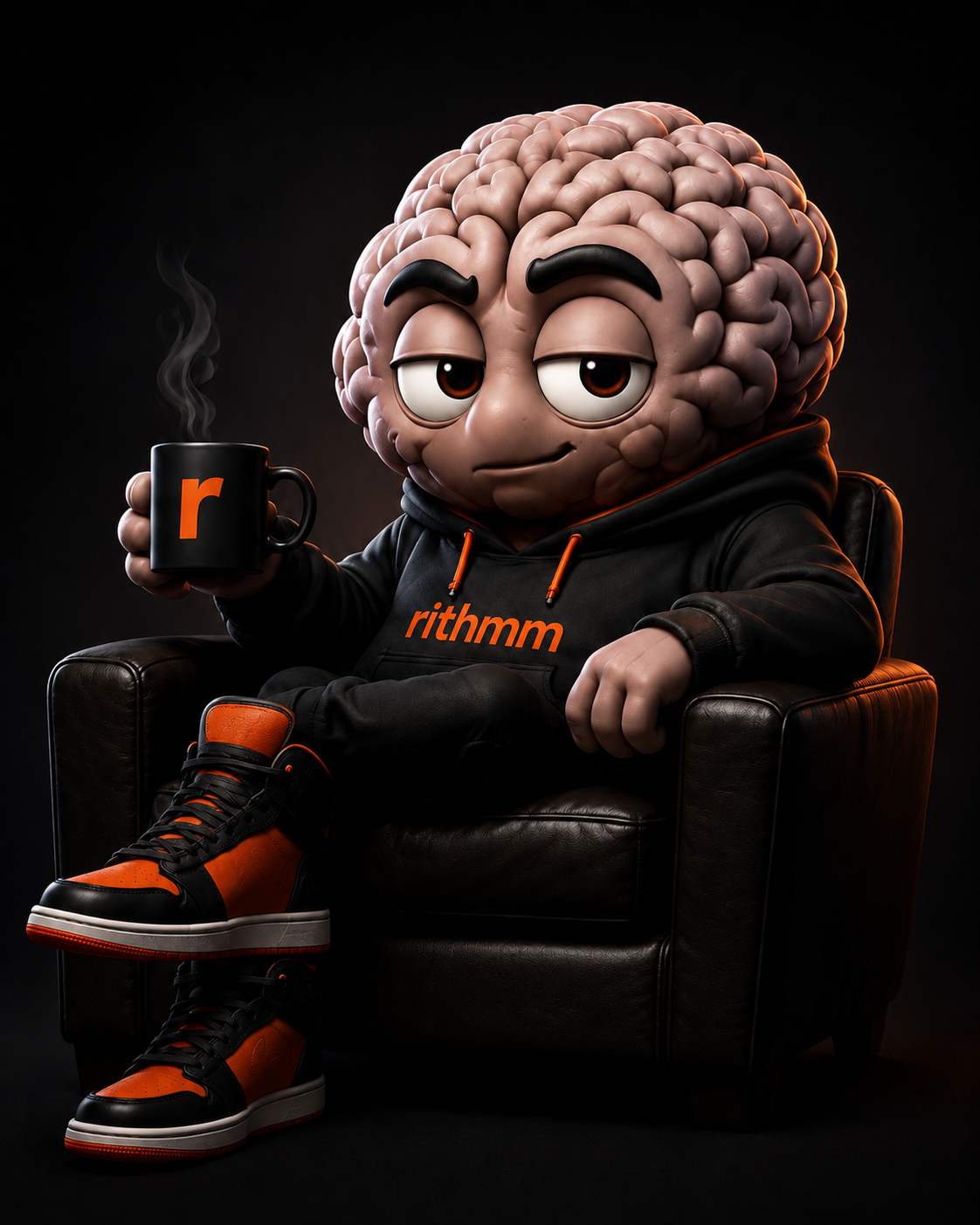 Scout, Rithmm's AI betting analyst mascot: a brain character in a black Rithmm hoodie sitting in a leather armchair holding a mug.