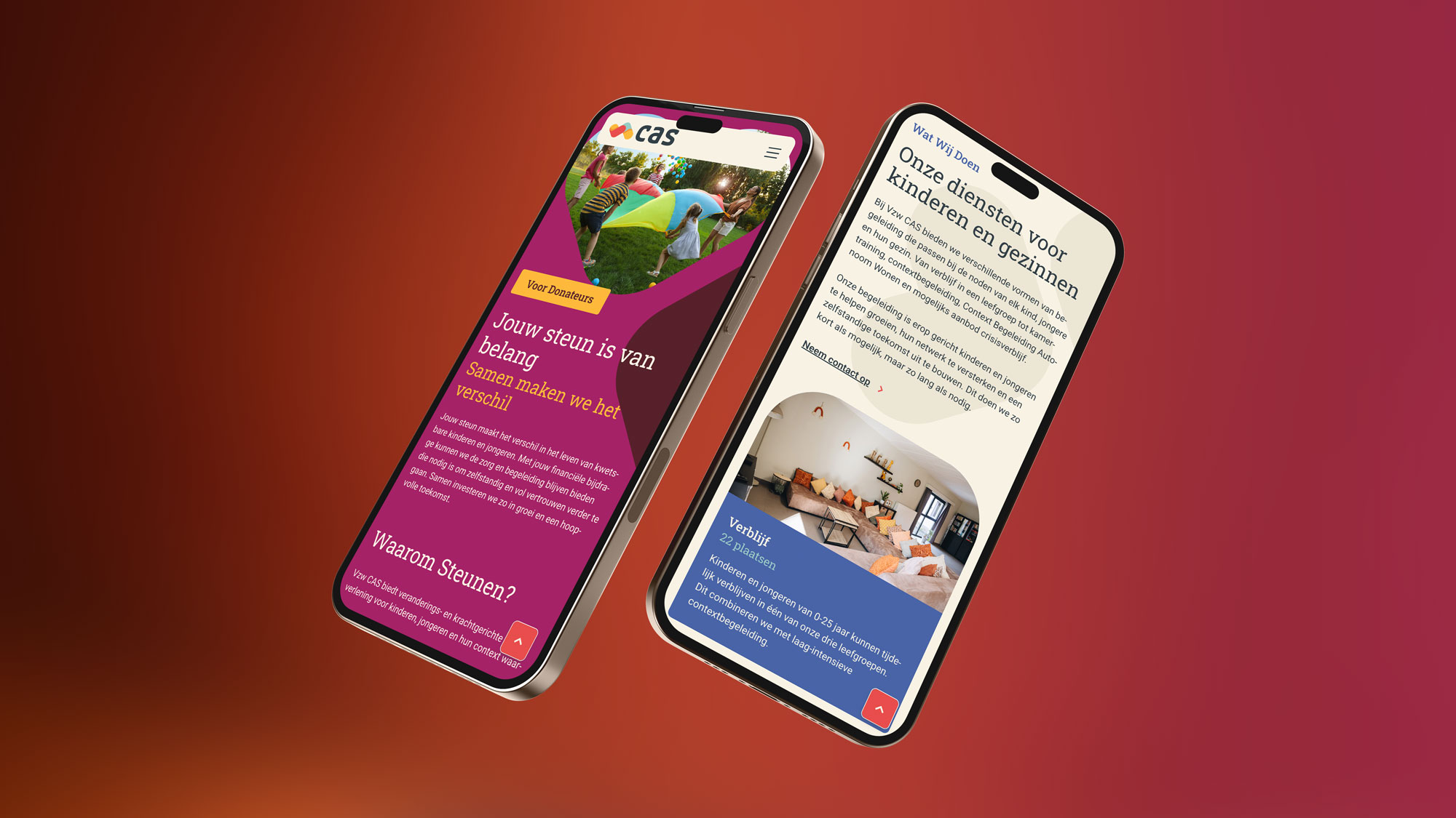 Two smartphones showing different CAS website pages, highlighting services for donors and families.