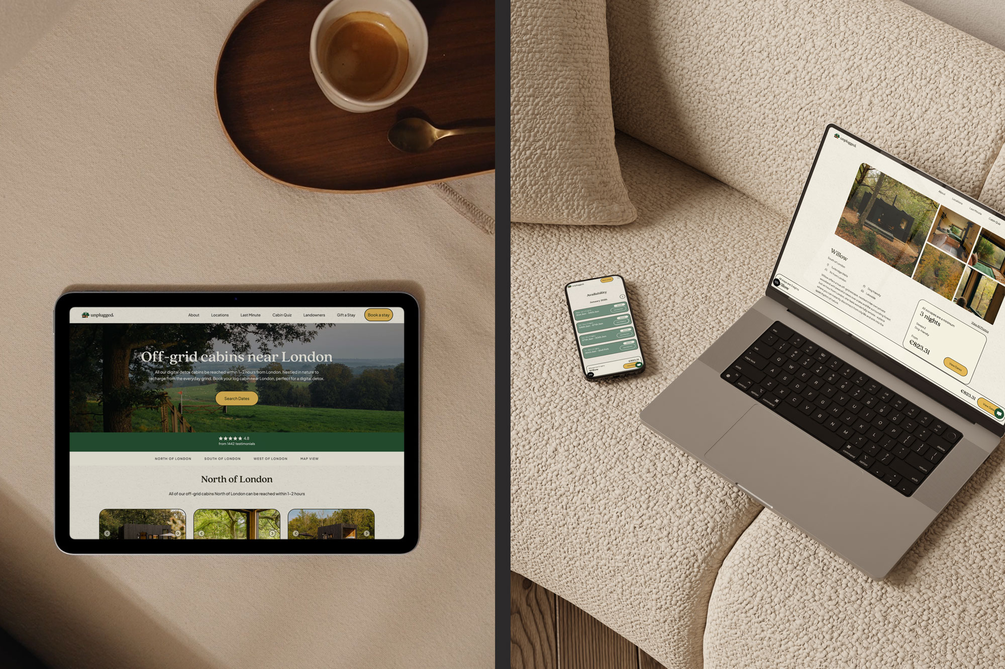 On the left, tablet displaying the Unplugged website with off-grid cabins near London, placed on a table next to a cup of coffee. On the right, laptop and smartphone showing the Unplugged landing page for off-grid cabin stays, placed on a sofa.
