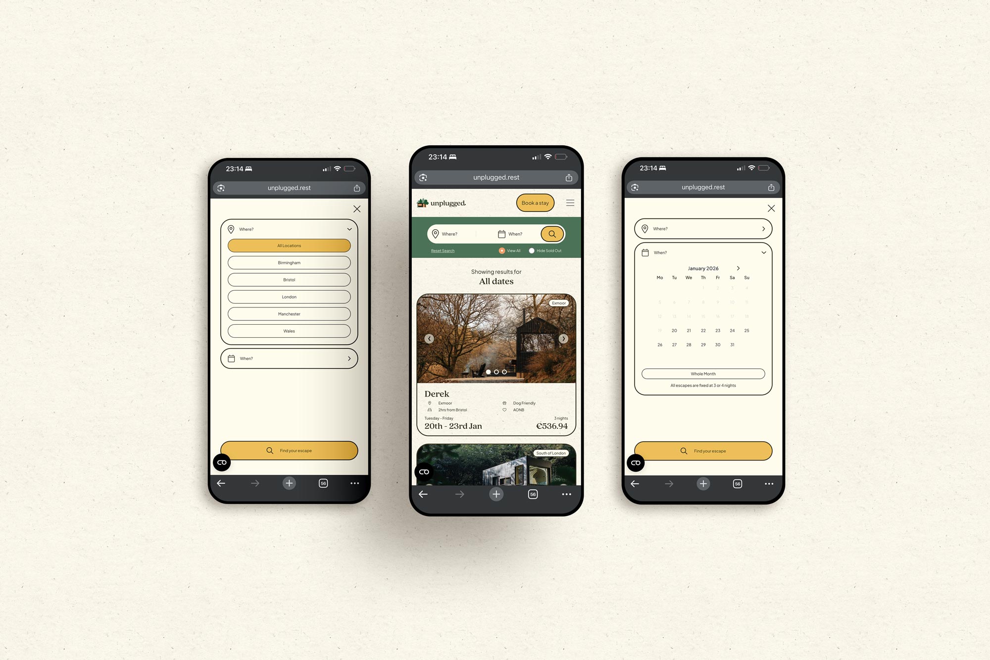 Three smartphones displaying the Unplugged booking flow, including location selection, results, and date picker.