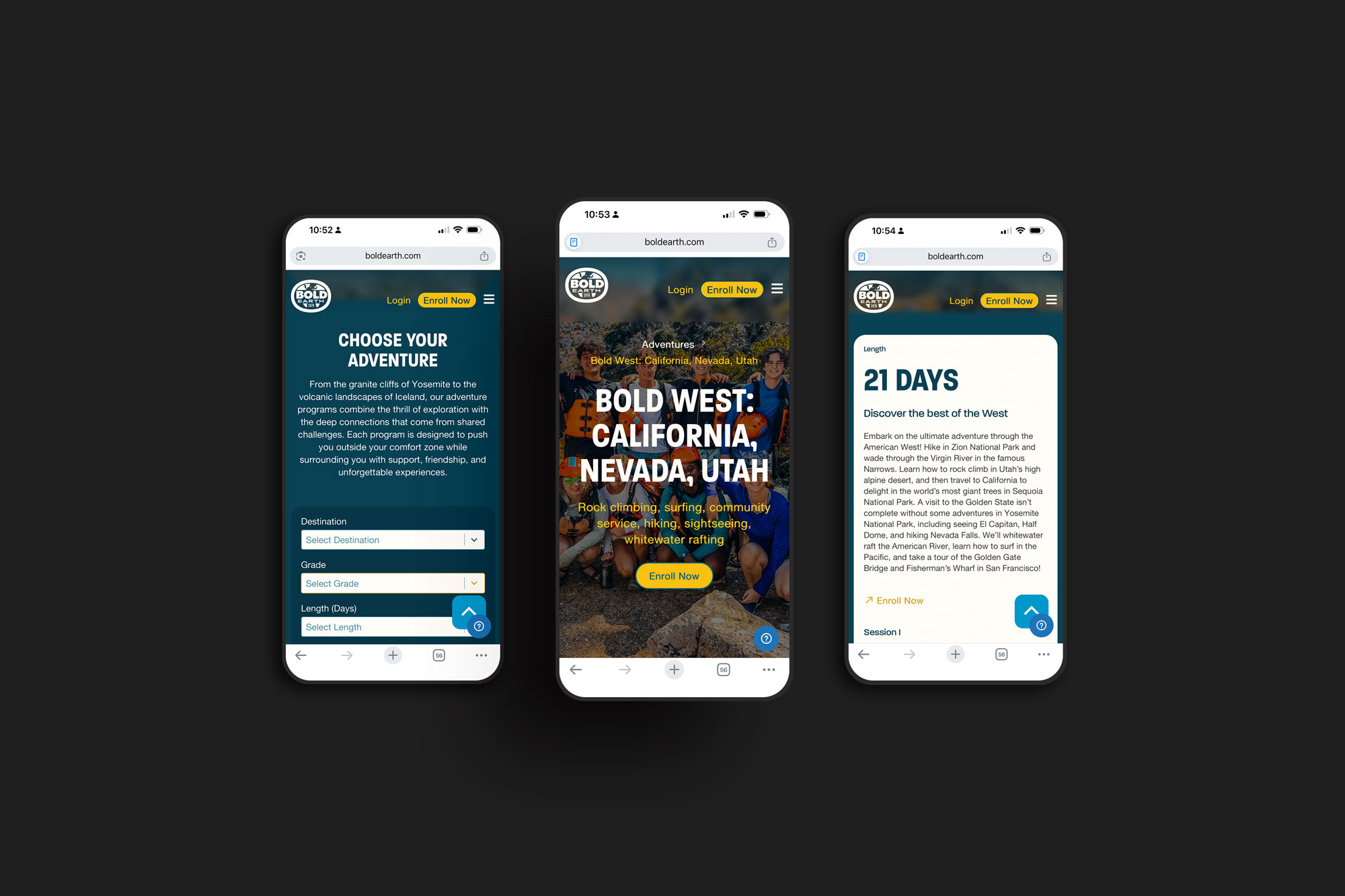 Three smartphones displaying the Bold Earth mobile experience, including adventure selection and program details.