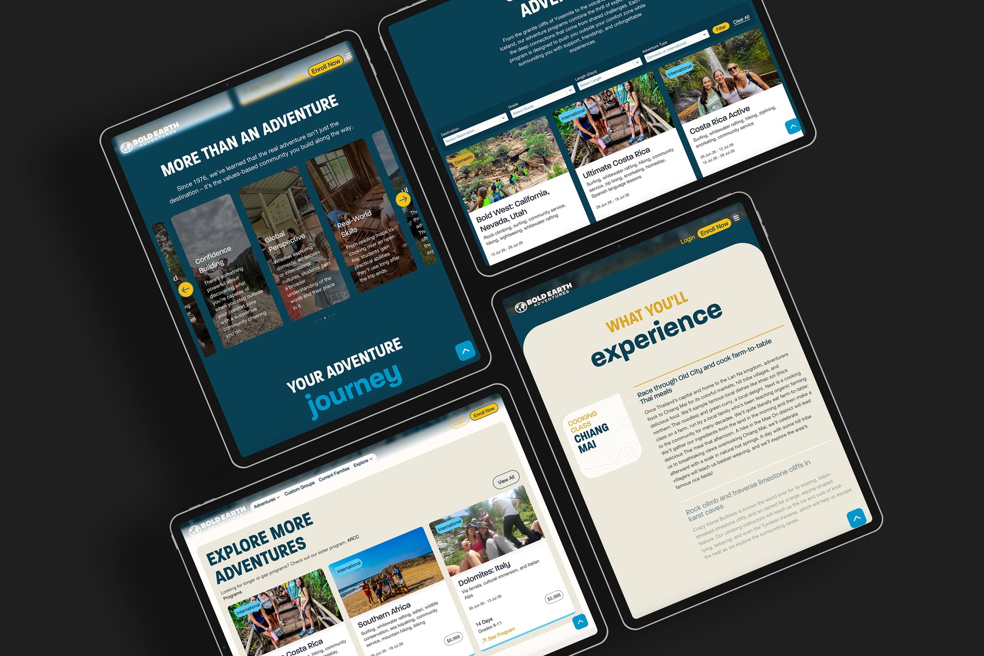 Tablet screens showing multiple Bold Earth adventure program pages and content sections.