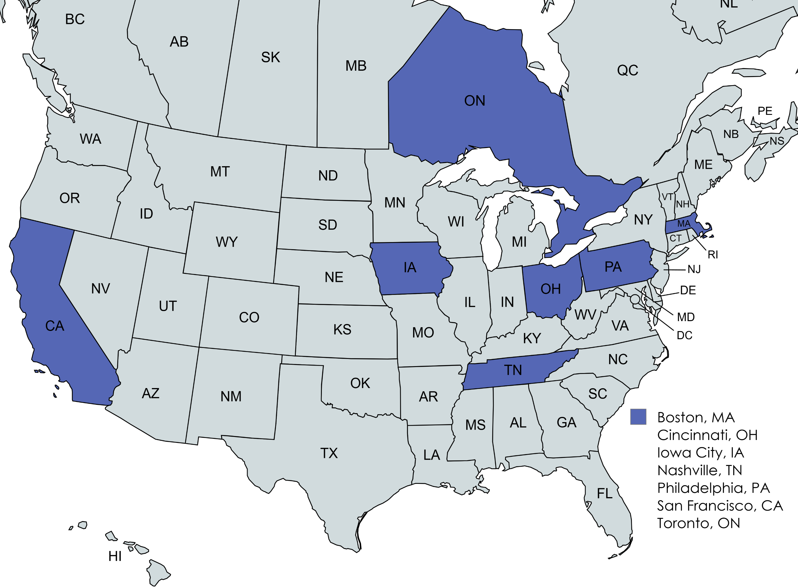 Map of US and Canada with regions highlighted that have study clinics