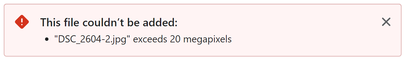 an error message from shopify that reads 'exceeds 20 megapixels'