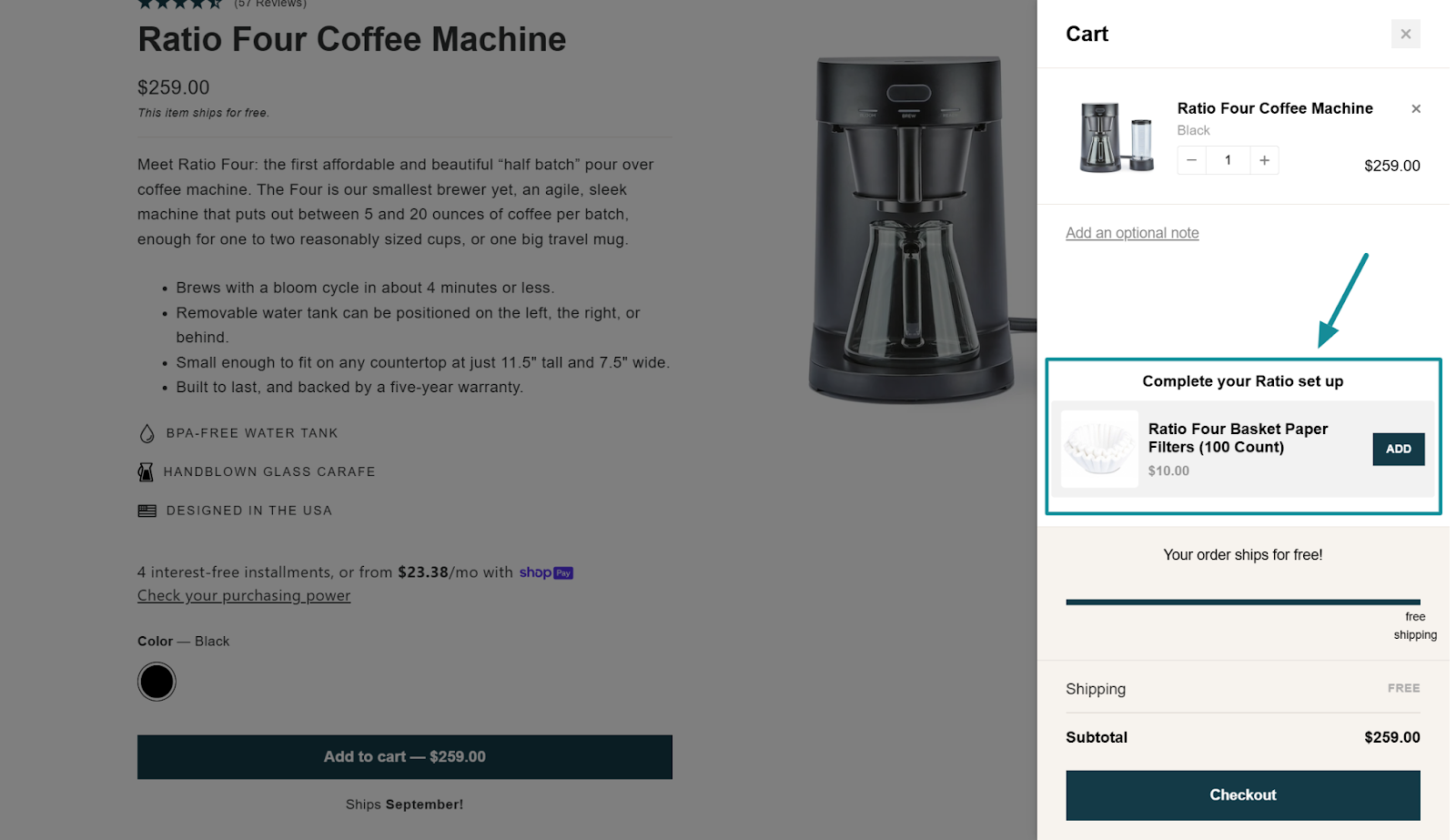 An image of a cart upsell example from ratio Coffee