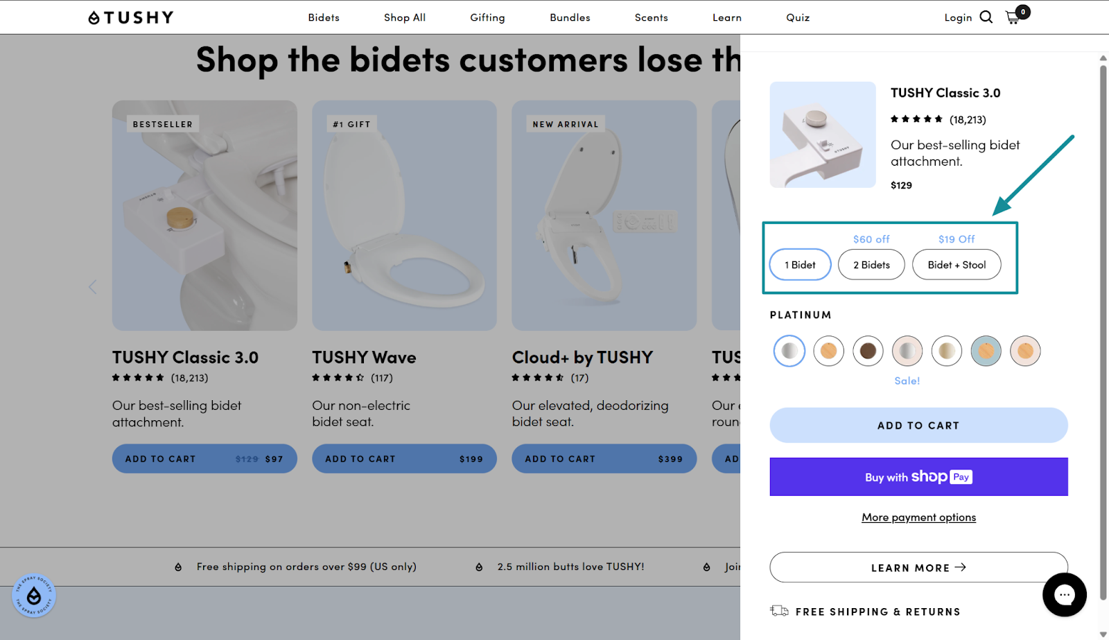 An image of a cart drawer upsell example from Tushy