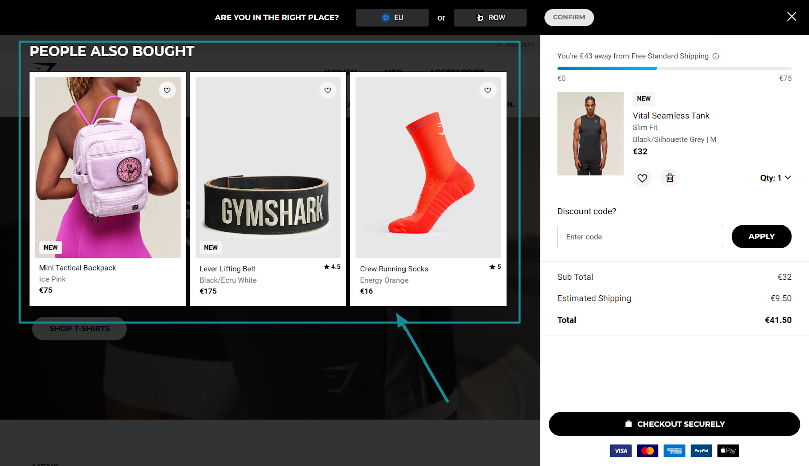 An image of a cart page upsell example from Gymshark