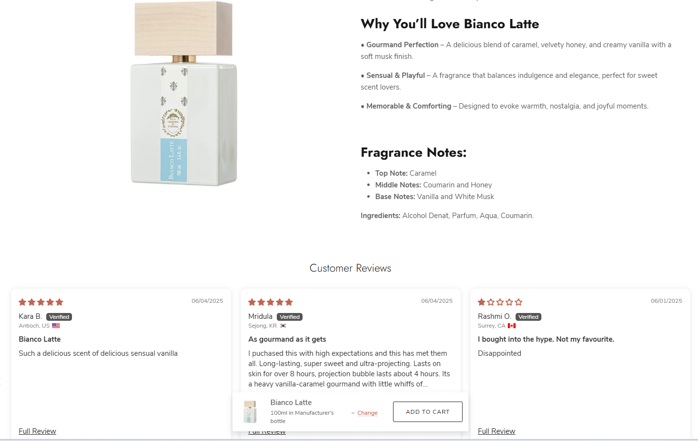 Bianco Latte perfume's customer reviews.