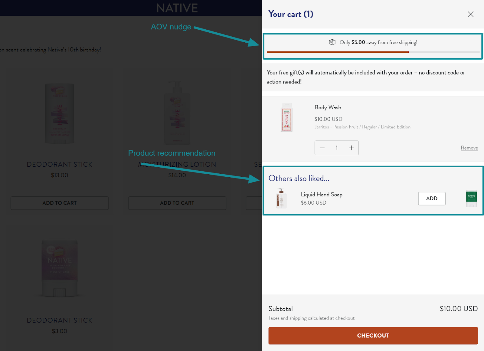 a screenshot showing a product recommendation in the cart drawer of Native's ecommerce store