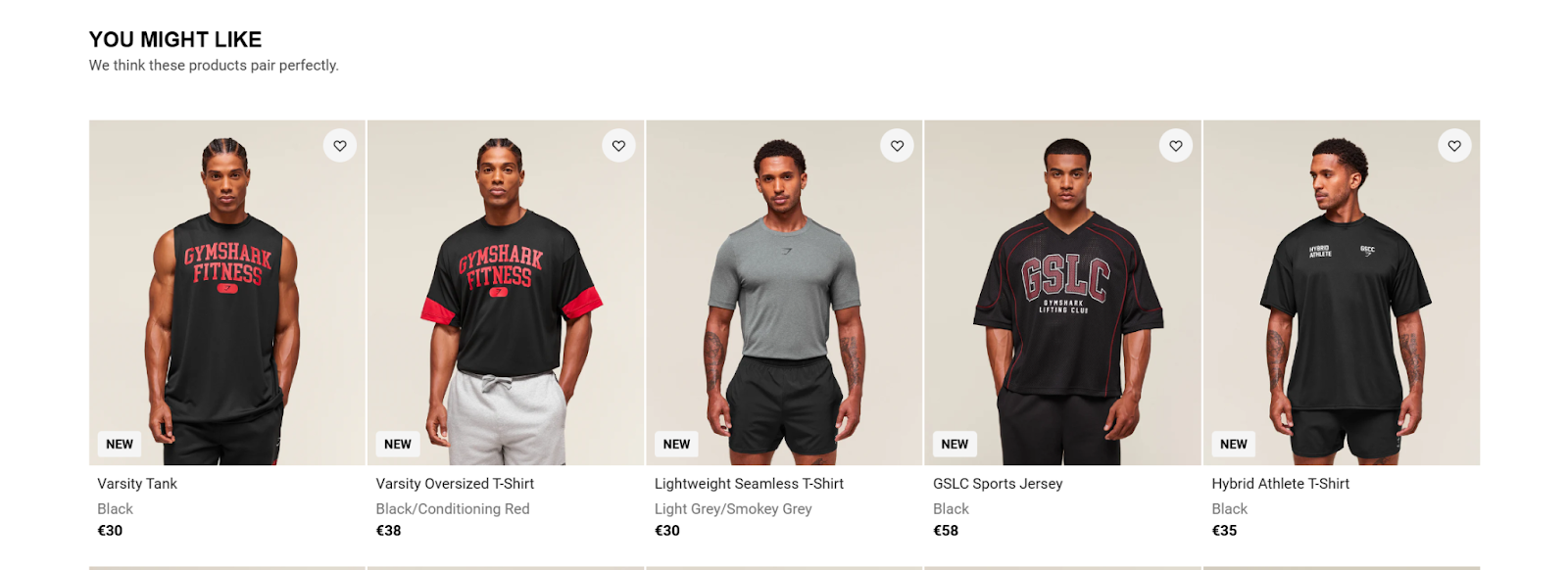 an image showing several product recommendations on Gymshark's website