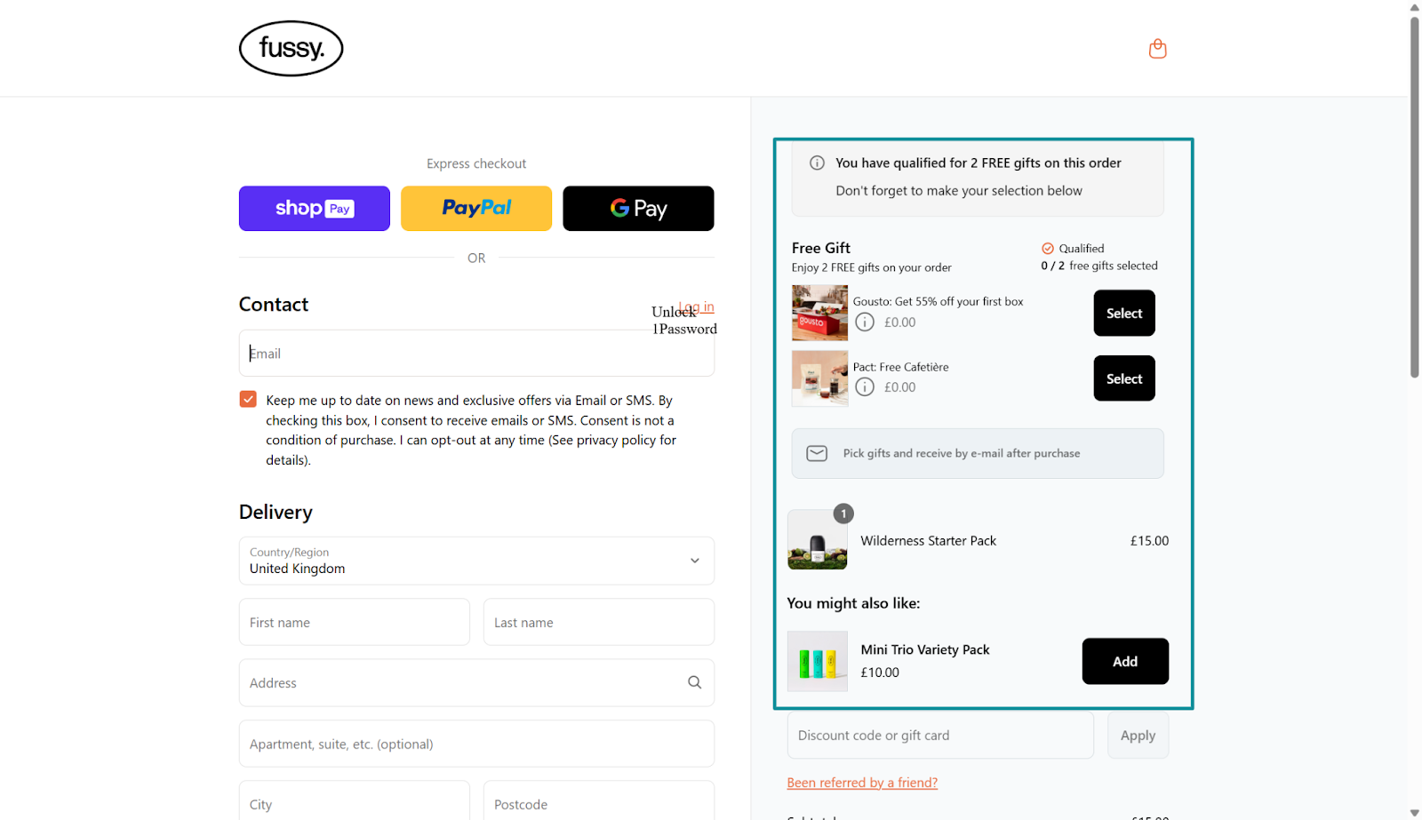 a screenshot og fussy's checkout page showing product recommendations