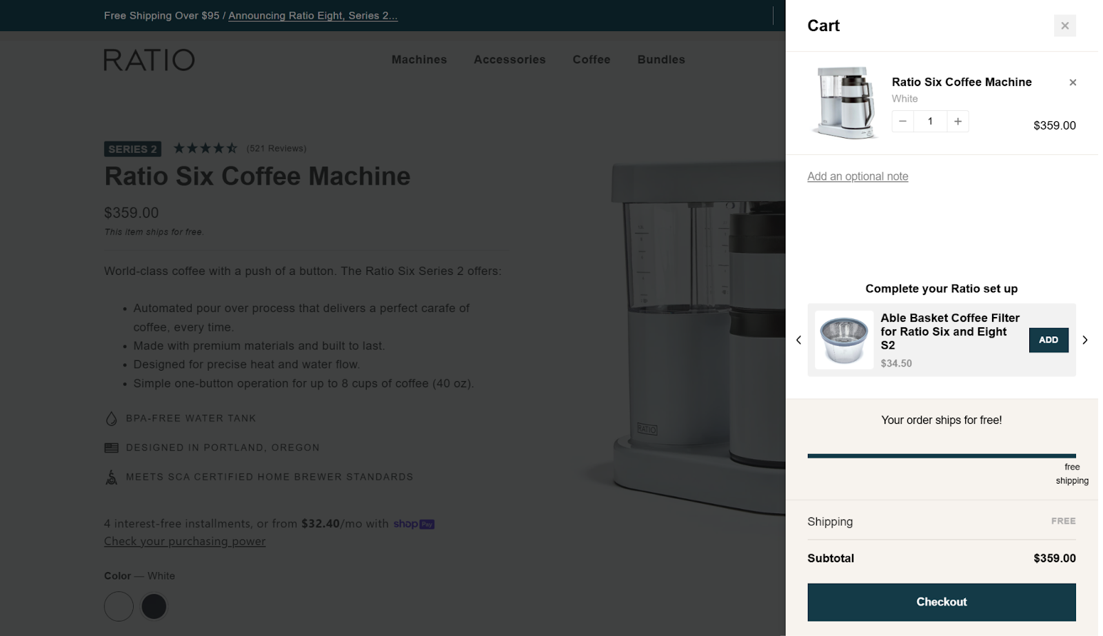 an example of a crat drawer on Ratio coffee's ecommerce store