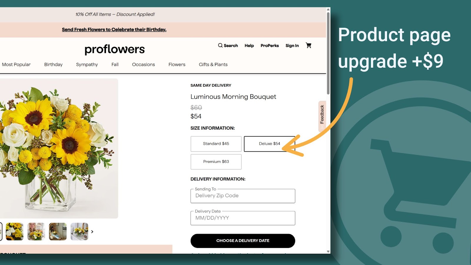 a screenshot of pro flowers product page upsell