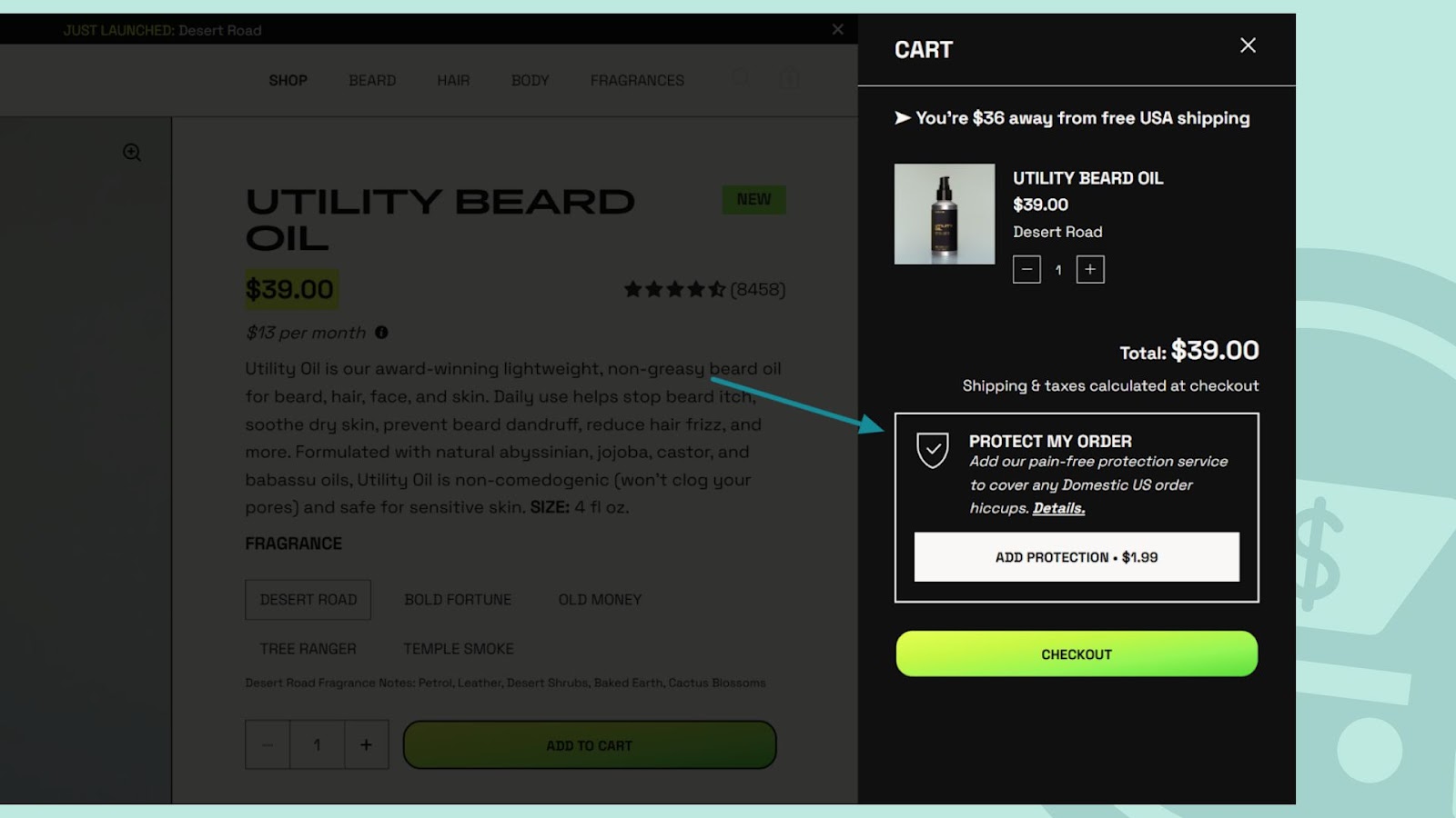 Comparison image showing an order bump in a shopping cart for beard oil protection at $1.99 versus a traditional cross-sell suggesting additional clothing items. Highlights the difference between order bumps and cross-sells in eCommerce.