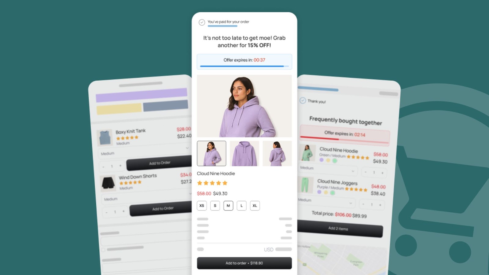 Mockup of a Shopify one-click post-purchase upsell page showing a single product offer that can be added without re-entering payment details.