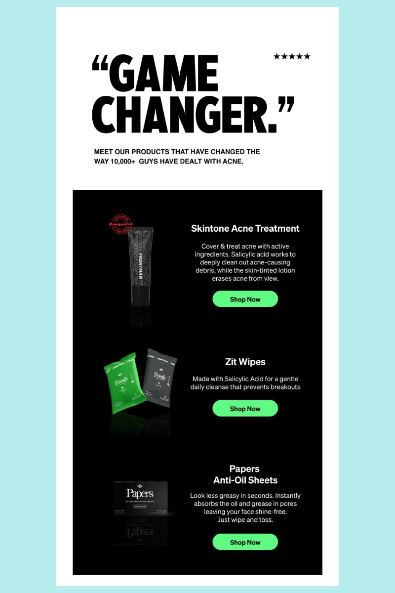 Frontman upsell email example using bold “Game Changer” headline and product lineup with social proof.