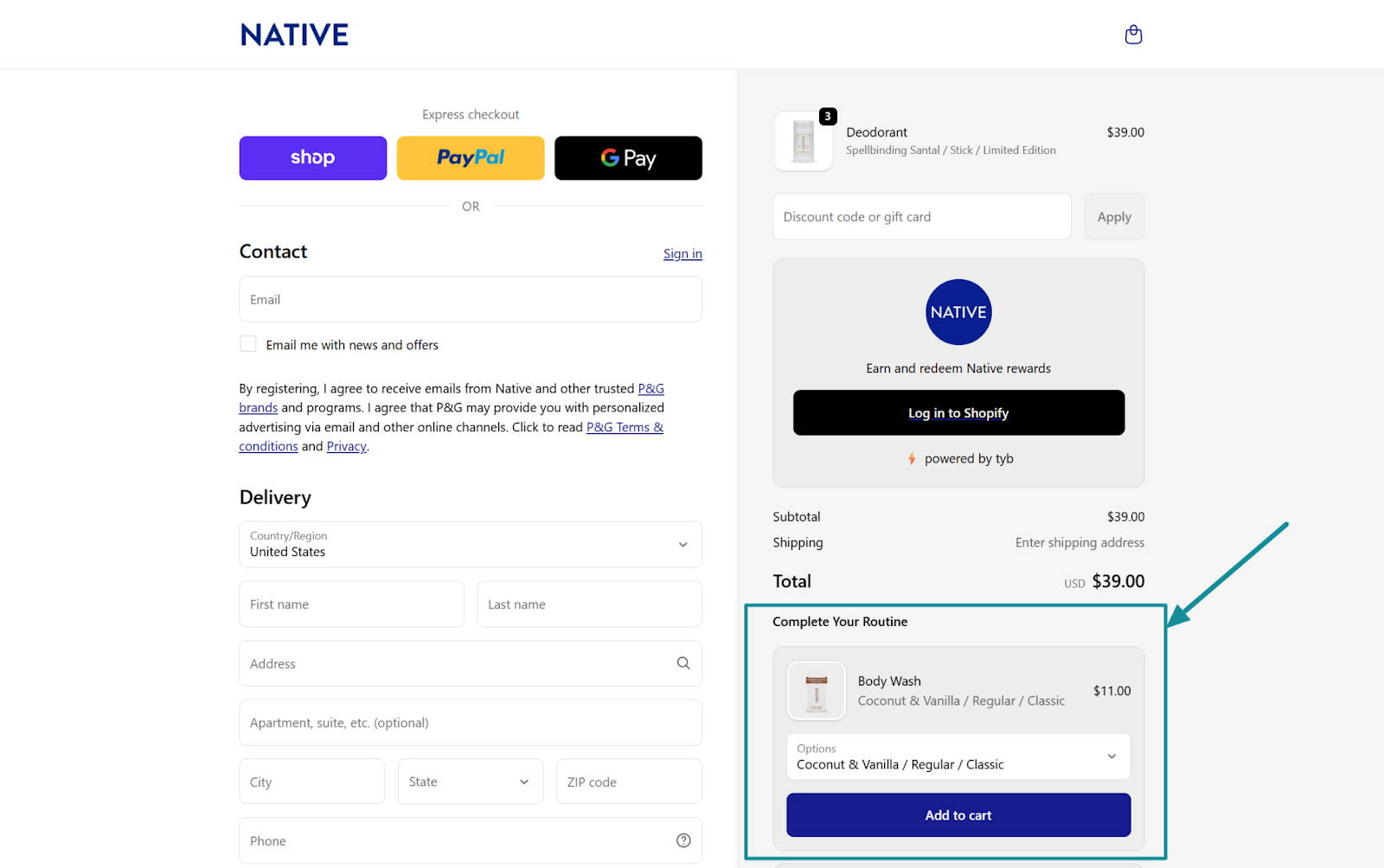 Native Cosmetics checkout page with an order bump encouraging shoppers to “Complete Your Routine” by adding body wash for $11.