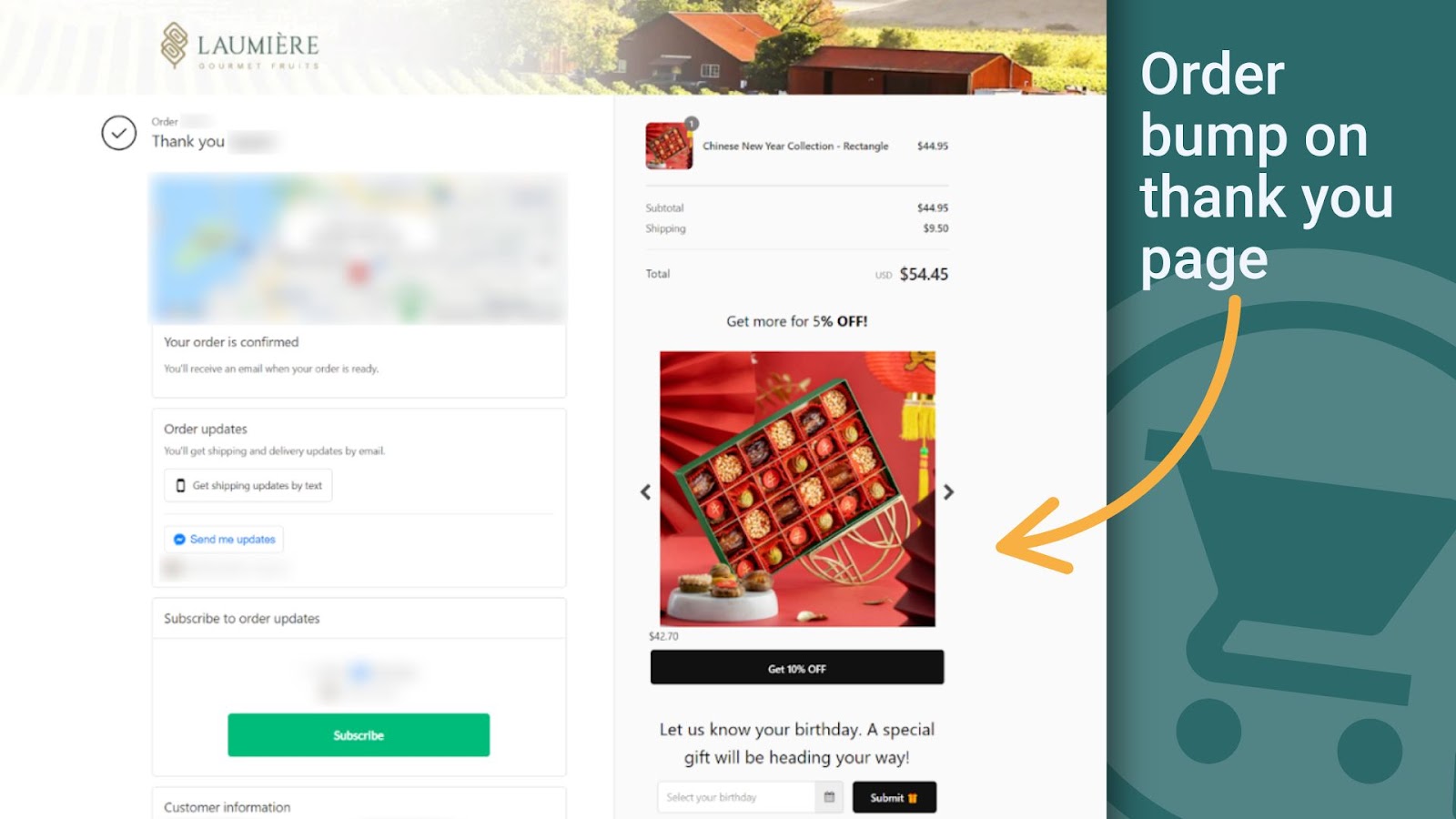 Thank-you page from Laumière Gourmet Fruits using Upsell.com to display post-purchase order bump offers, generating 10% more revenue.
