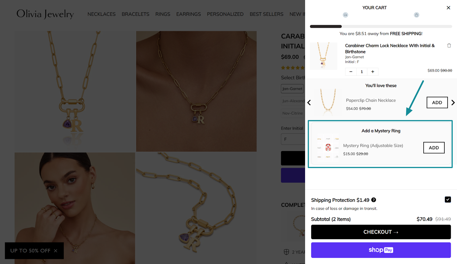 Olivia Jewelry checkout showing an order bump offering a $15 “Mystery Ring,” discounted from $29, to move slow-selling inventory.