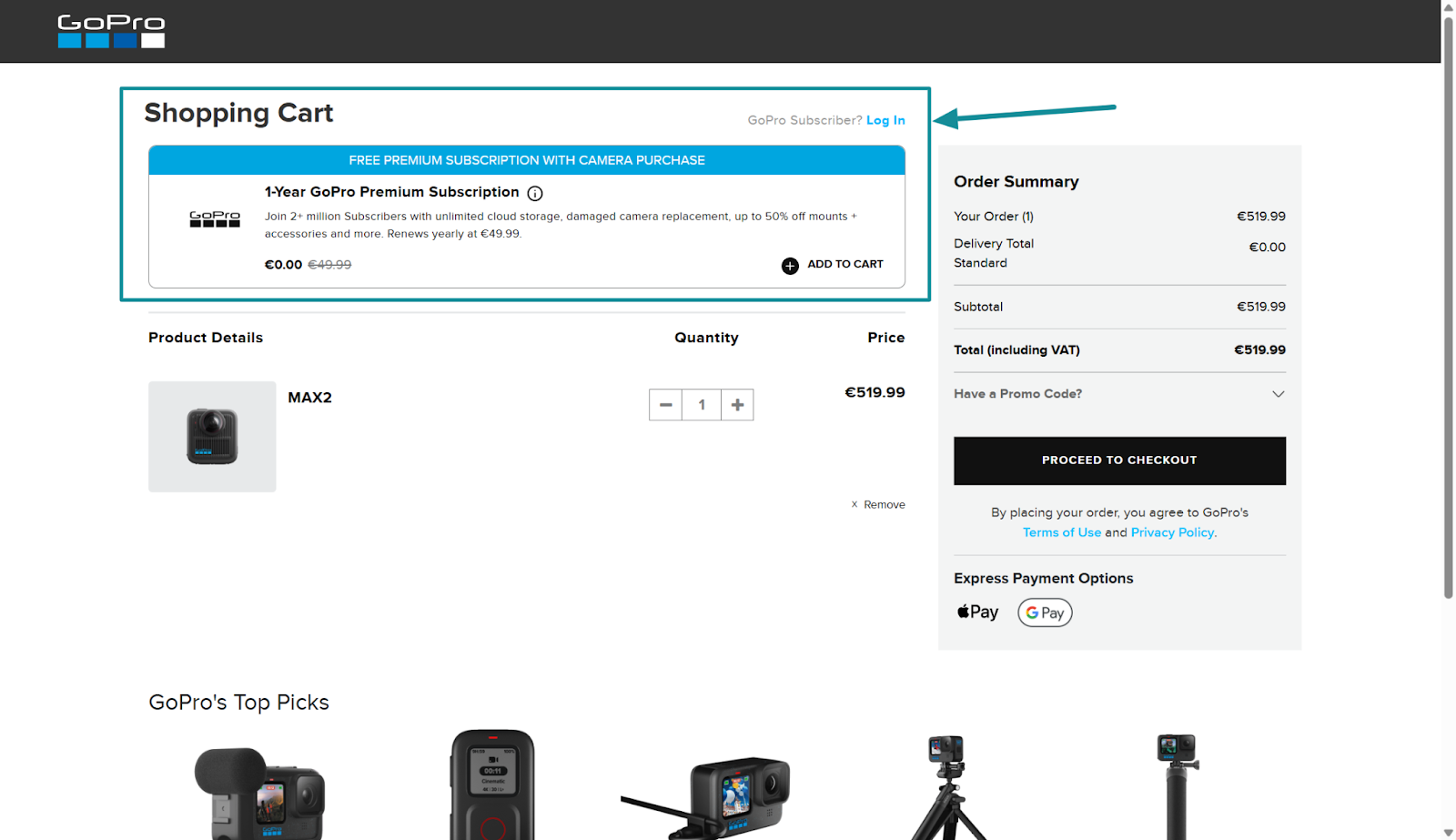 GoPro checkout upsell offering a free 1-year GoPro Premium Membership that renews at €49.99 annually, shown as an order bump.