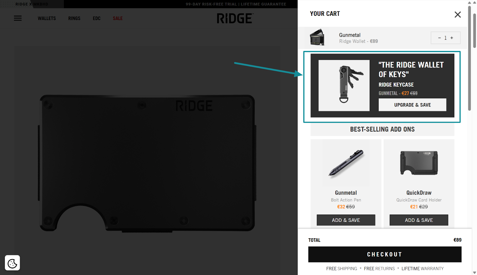 Ridge checkout order bump promoting a discounted KeyCase for €27 (down from €89) alongside a Ridge Wallet purchase.