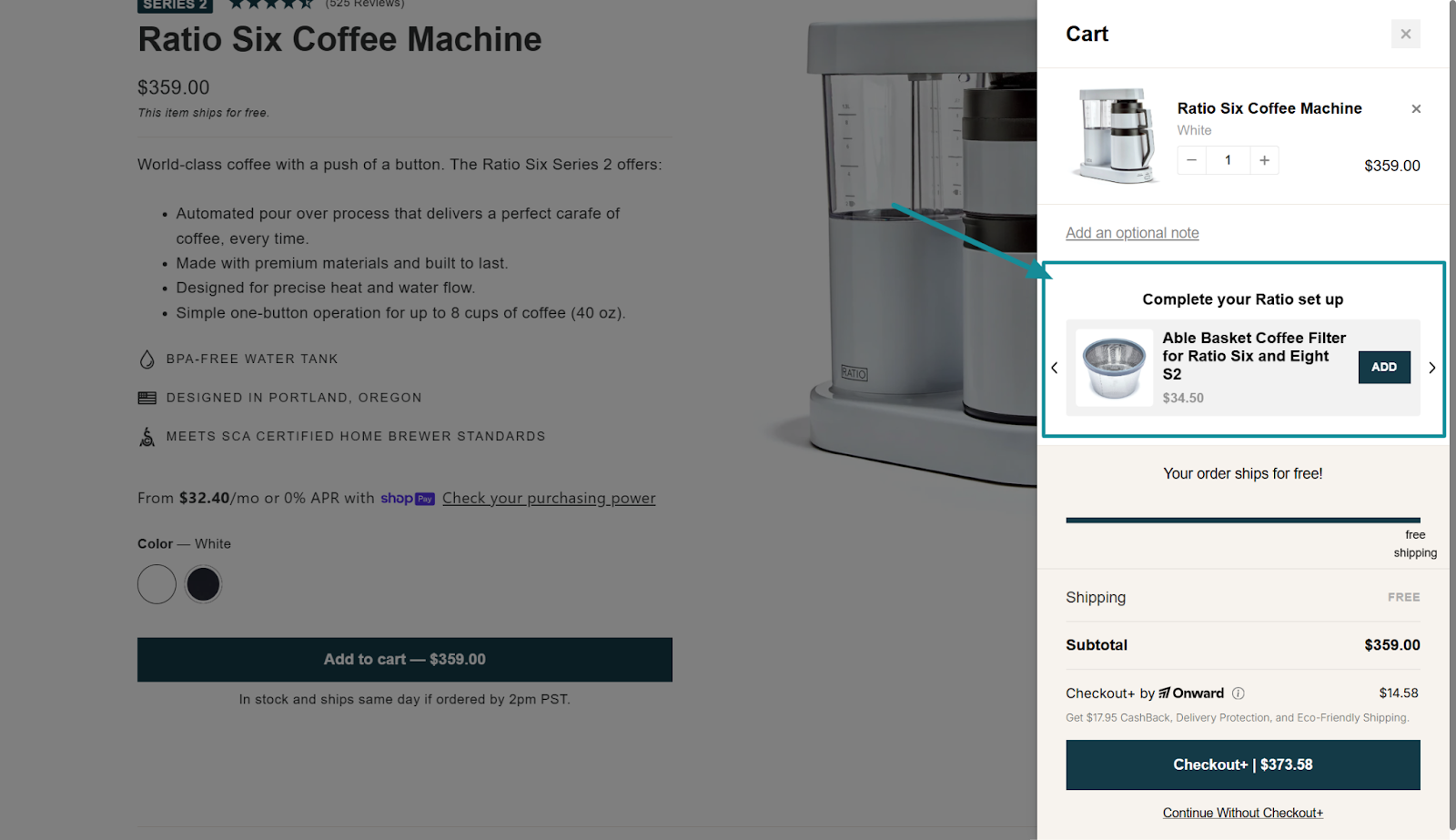 Screenshot of Ratio Coffee checkout order bump showing a $34.50 Able Basket Filter upsell alongside a $359 Ratio Six Coffee Machine.