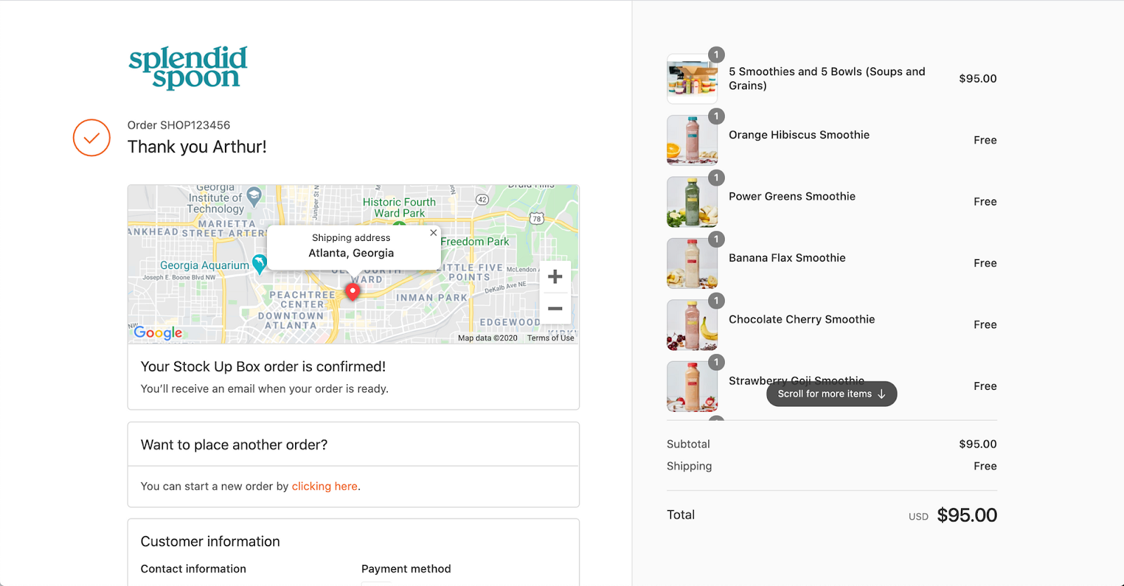 Thank you page example from Shopify store Slendid Spoon