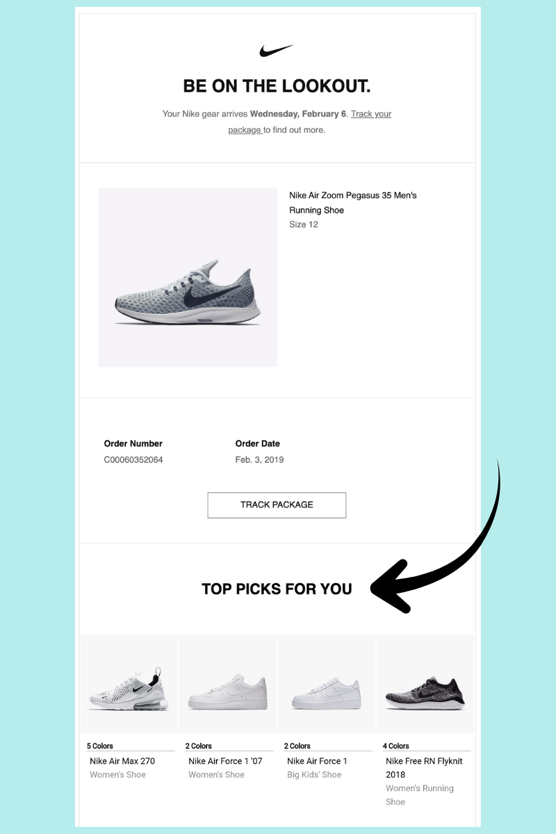 Nike upsell email example adding personalized product recommendations to an order confirmation message.