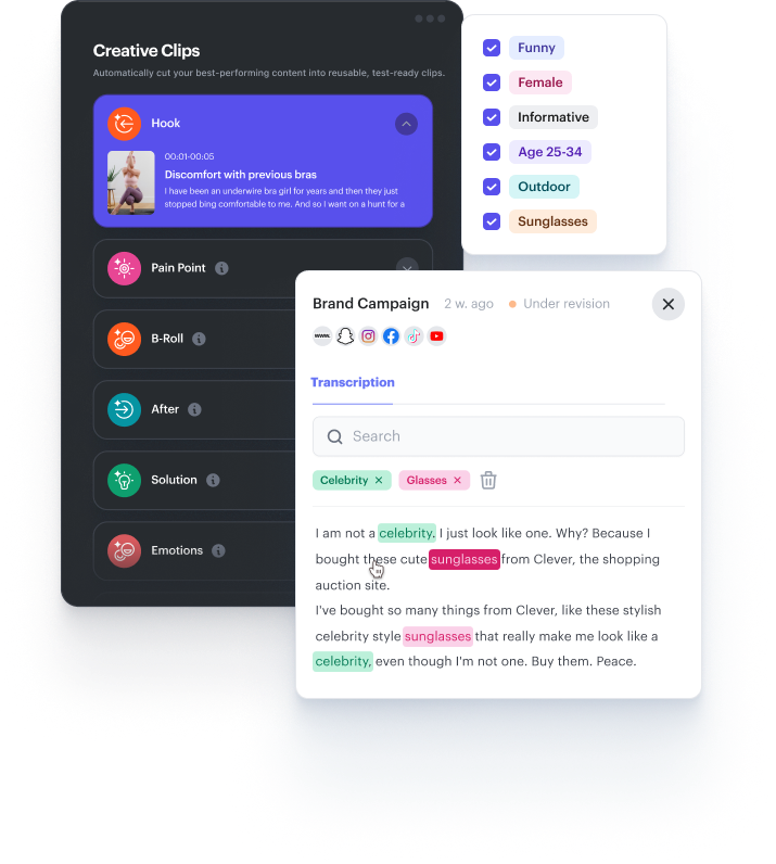Uplifted AI video intelligence — auto-tags hooks, pain points, and scenes
