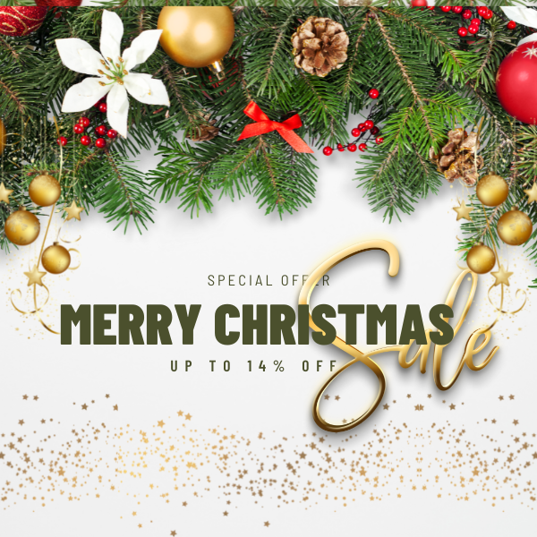 Christmas sale advertisement with festive decorations and golden ornaments