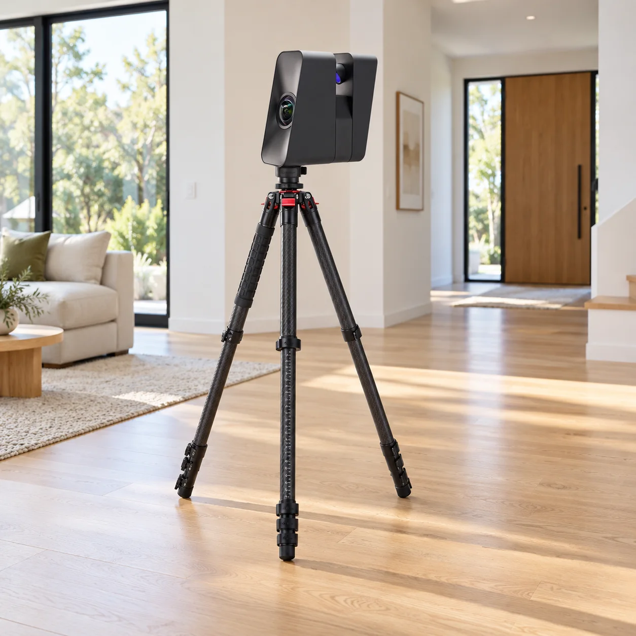 Illustrative rendering of a Matterport Pro3-style camera on a tripod in a modern home interior.