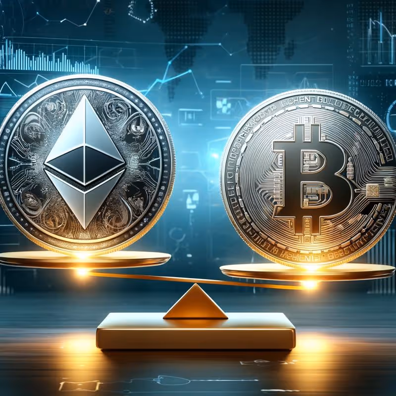 Ethereum and Bitcoin coins in a symbolic face-off on a balanced scale with digital charts and blockchain patterns in the background.