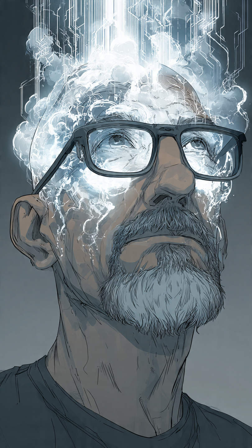 Illustration of a half-human, half-machine billionaire