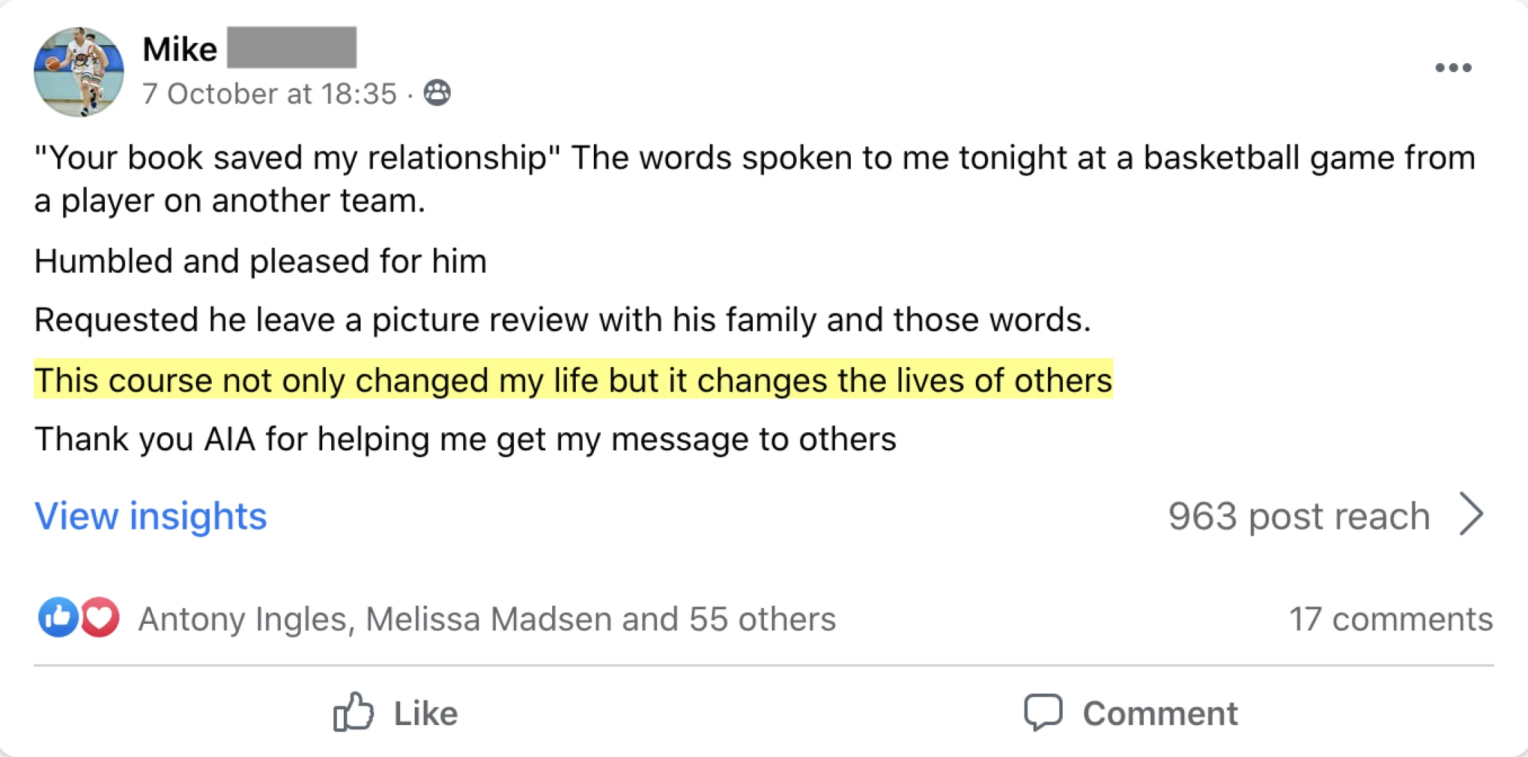 Customer testimonial screenshot