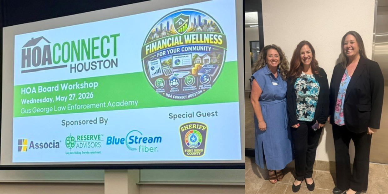 Two side-by-side images from an HOA Connect Houston event. The left image shows a presentation screen displaying "HOA Connect Houston – Financial Wellness for Your Community" with details for an HOA Board Workshop and sponsor logos. The right image shows three women standing and smiling together indoors at the event venue.