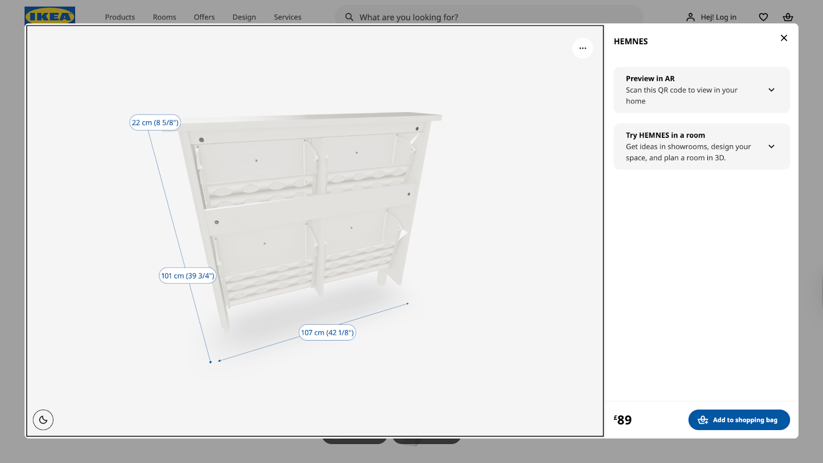 3D Product Viewer that IKEA has used to sell the HEMNES Shoe Organizer Cabinet